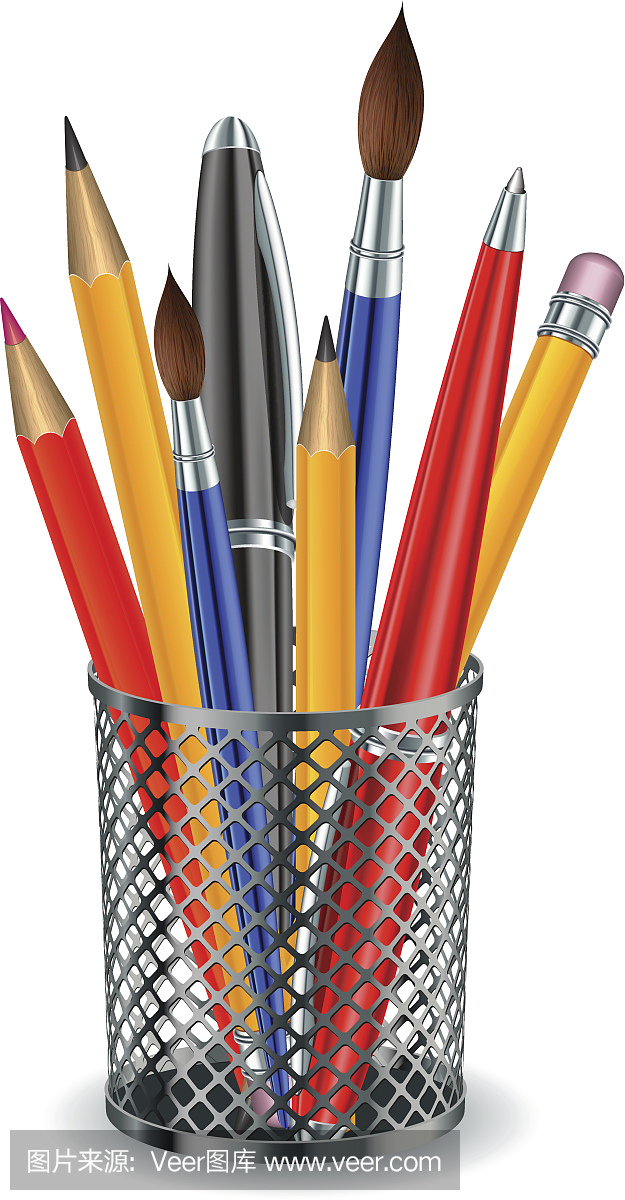 刷子、铅笔和钢笔都在架子里。